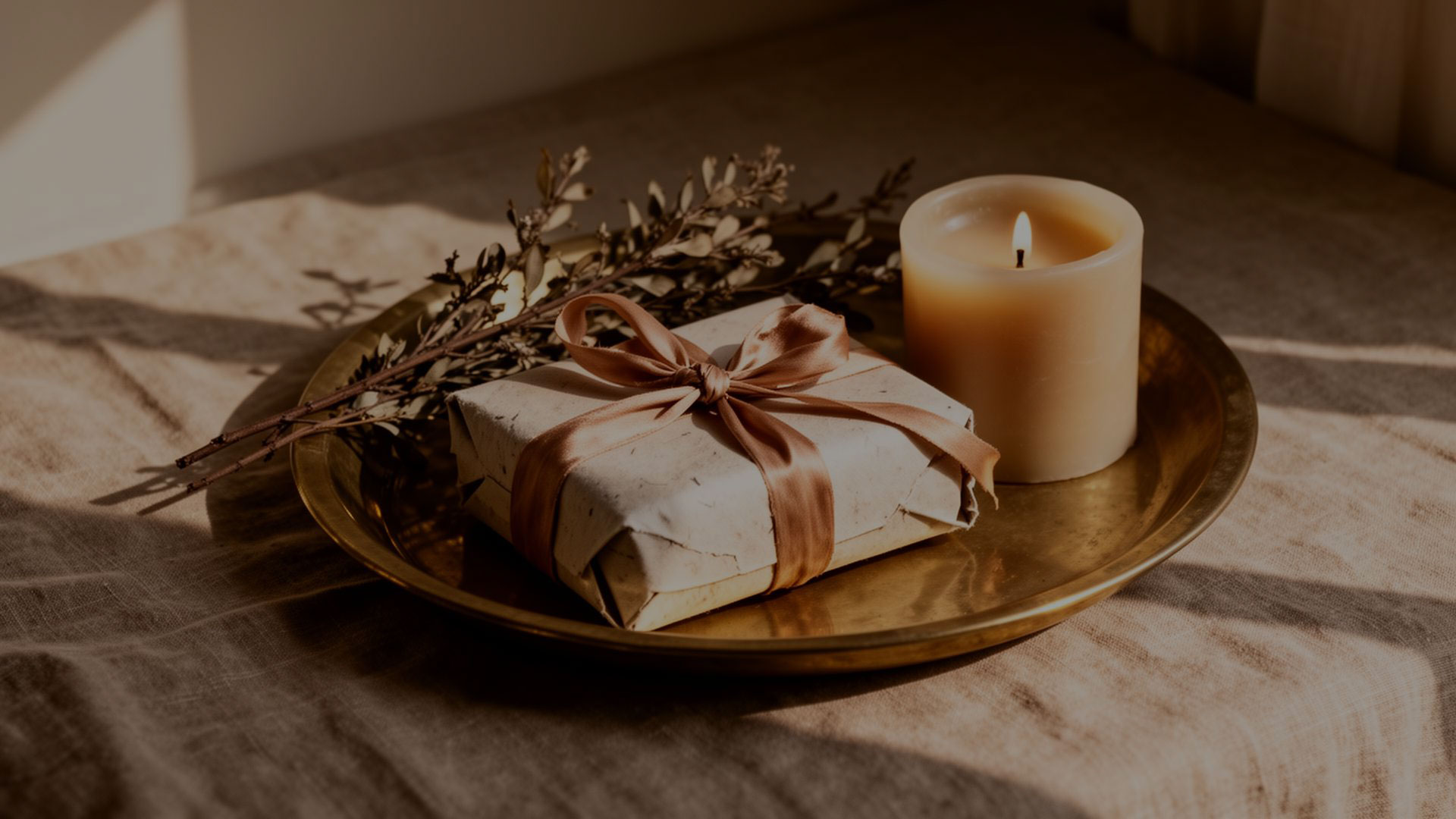 A handmade gift on a brass tray in warm light.